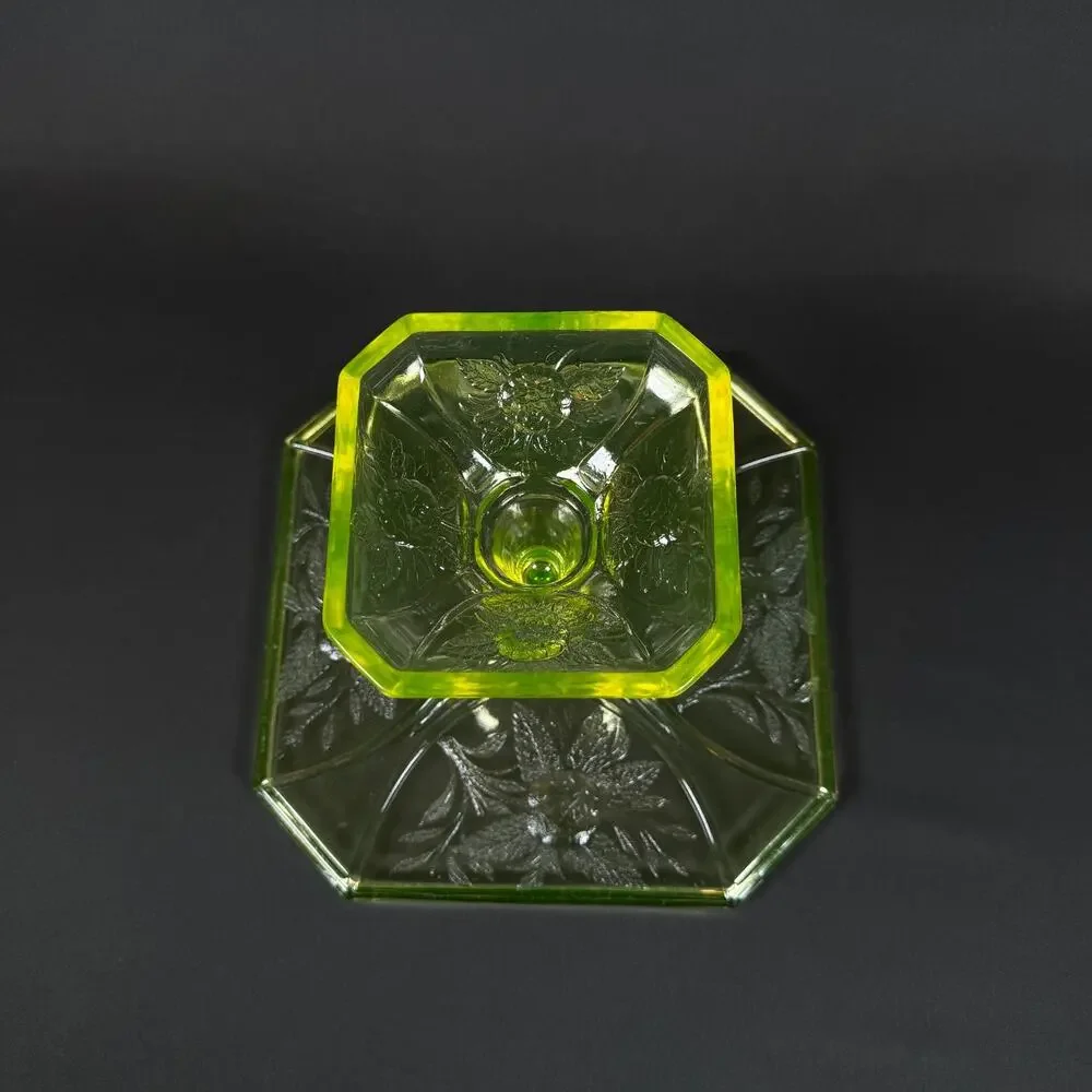 Vintage large vaseline Uranium Glass green Cake Stand flowers Pattern h6